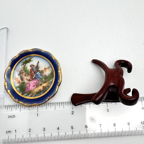Limoges France Miniature Plate Romantic Courting Scene Wooden Stand Vtg 1.75" - Picture 2 of 8